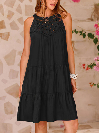 Women's new style hollow lace stitching halter neck vest dress