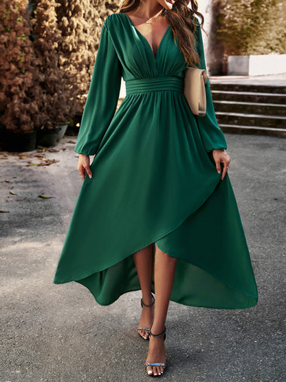 Slim waist V-neck sexy dress with big swing