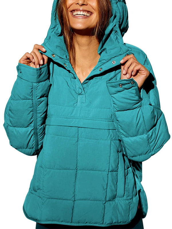 Solid Color Hooded Cotton Foldable Padded Pullover Pocket Long Sleeve Jacket