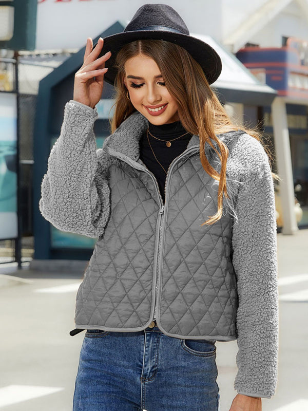 New cardigan zipper long sleeve plush patchwork jacket