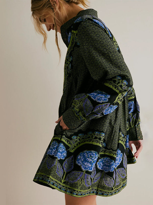 Printed lapel long-sleeved loose-fitting dress