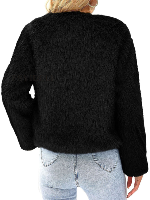 Women's New Furry Multicolor Collarless Top Short Jacket