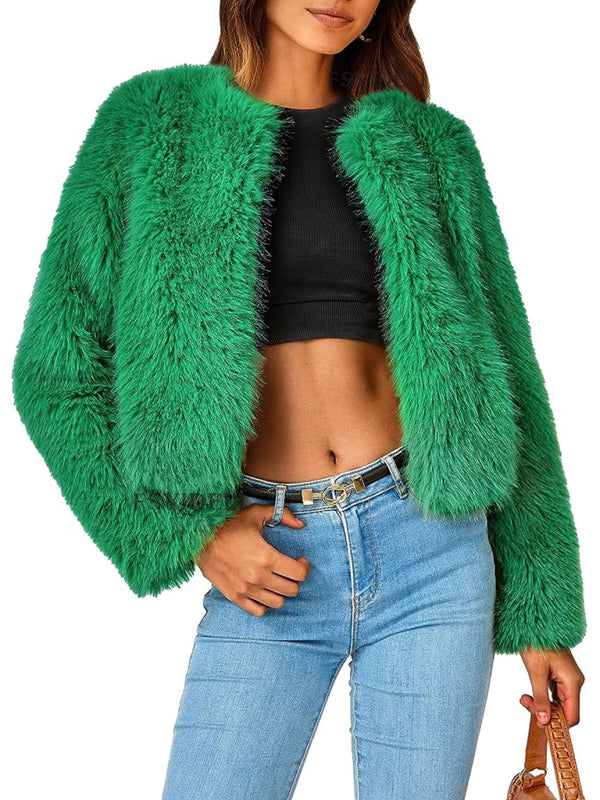 Women's New Furry Multicolor Collarless Top Short Jacket