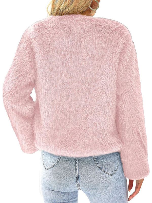 Women's New Furry Multicolor Collarless Top Short Jacket