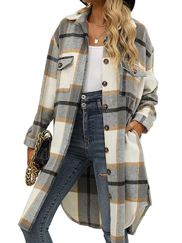 New long plaid lapel buttoned wool casual windbreaker jacket