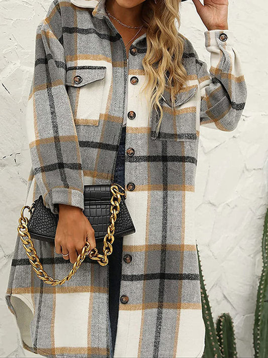 New long plaid lapel buttoned wool casual windbreaker jacket