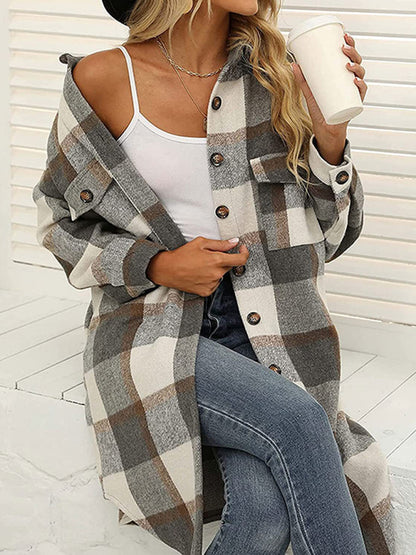 New long plaid lapel buttoned wool casual windbreaker jacket