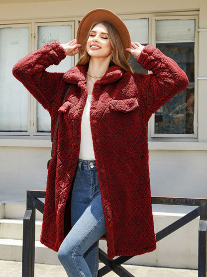 Women's plaid plush button long coat