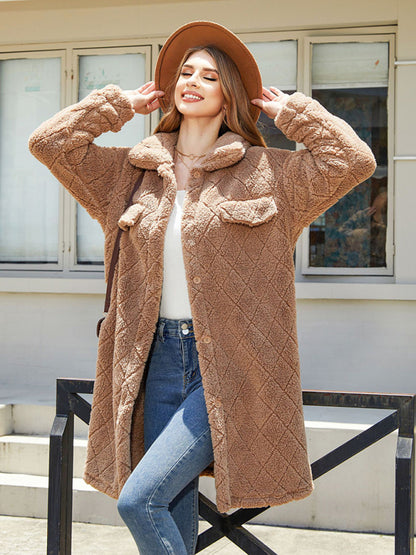 Women's plaid plush button long coat