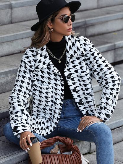 Women's Plush Women's Long Sleeve Loose Houndstooth Jacket