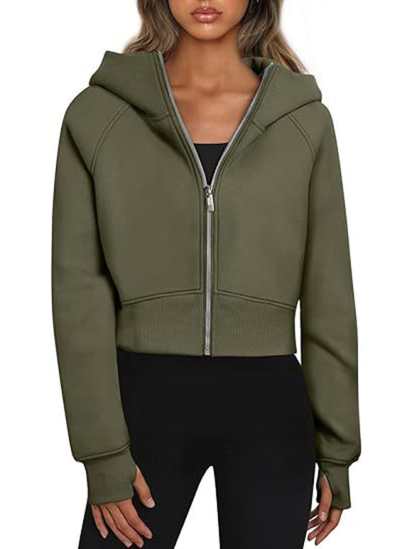 Hooded zipper short casual fleece long-sleeved sweatshirt