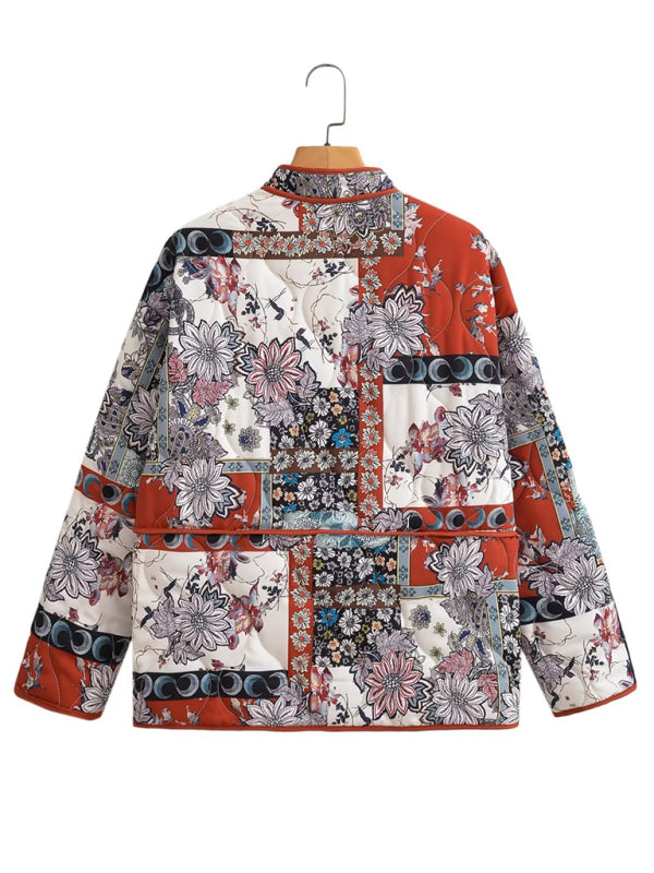 Women's stand collar printed quilted jacket