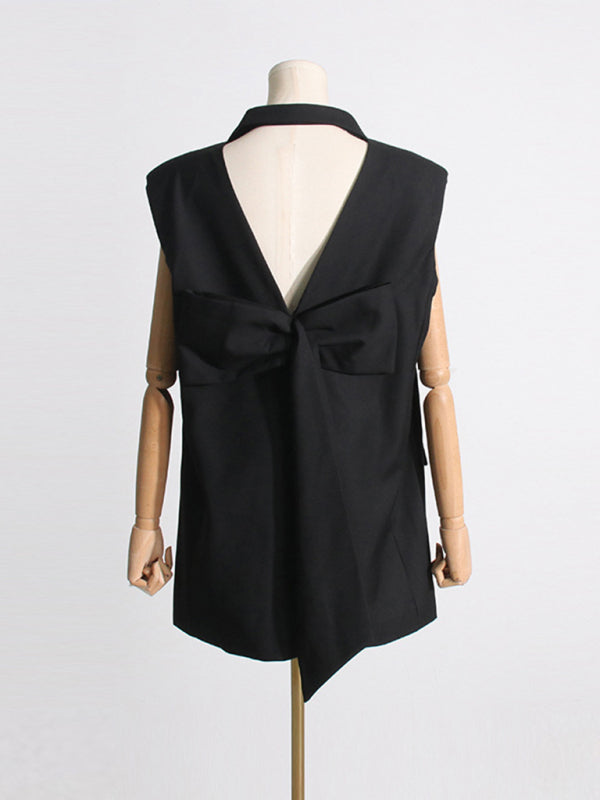 New French niche style suit collar sleeveless straight backless waist bow stitching dress