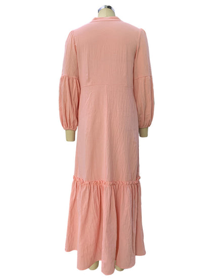 Women's Fashionable V-Neck Puff Sleeve Bohemian Cotton and Linen Dress