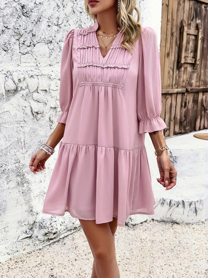 New solid color casual V-neck mid-sleeve dress