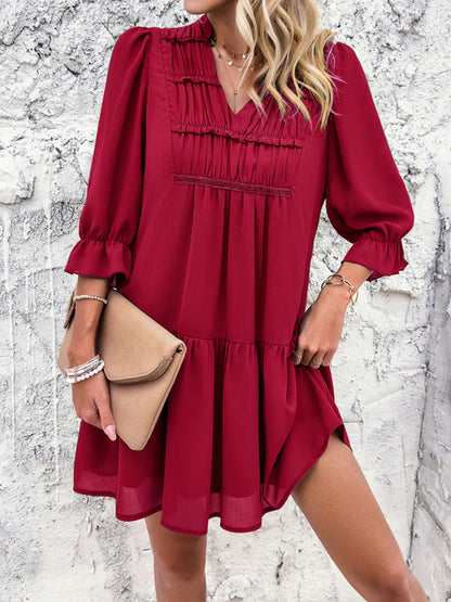 New solid color casual V-neck mid-sleeve dress