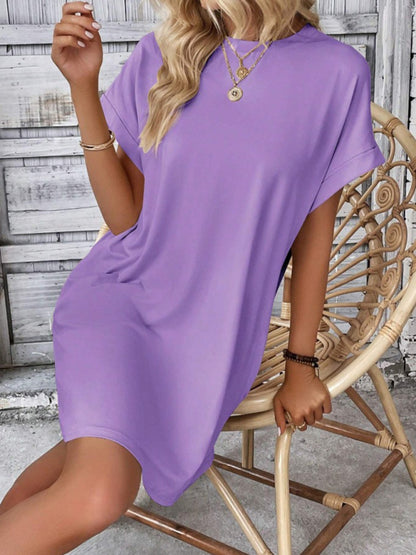 New spring and summer solid color round neck loose short sleeve pocket dress